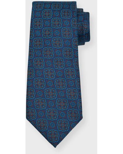 Isaia Medallion Silk Seven-Fold Tie - Blue