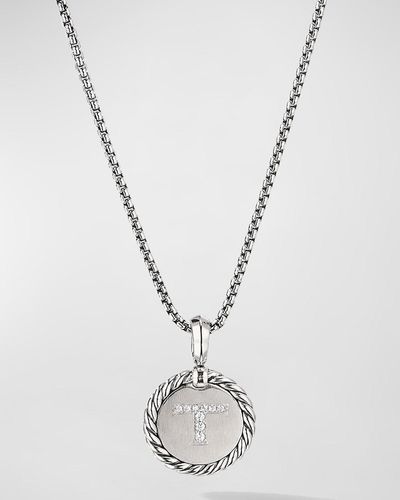 David Yurman Initial T Cable Collectibles Charm Necklace With Diamonds In Silver, 18mm, 16-18"l - White