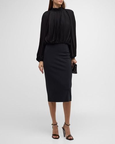 La Petite Robe Di Chiara Boni Pleated Mock-Neck Blouson-Sleeve Midi Dress - Black