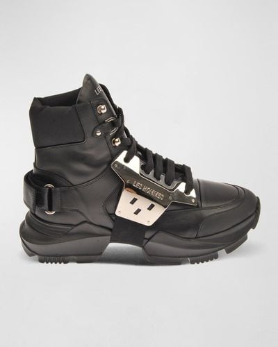 Les Hommes Leather Chunky High-Top Sneakers - Black