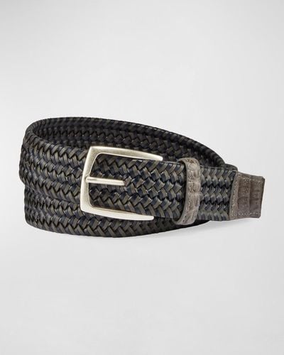 W. Kleinberg Woven Leather Stretch Belt With Crocodile Trim - Black