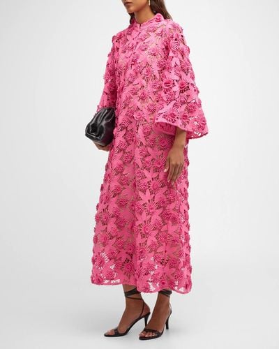 La Vie Style House Flare-Sleeve Floral Lace & Applique Midi Caftan - Pink