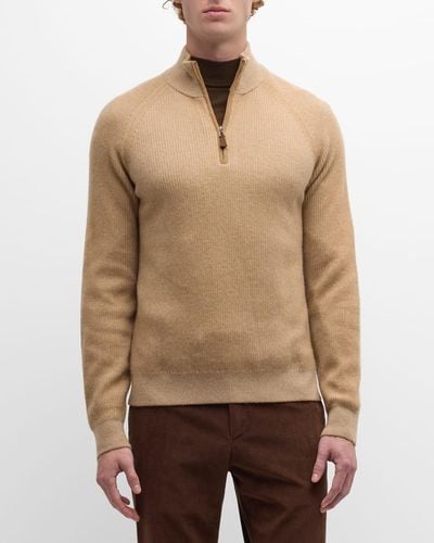 Neiman Marcus Ribbed Quarter Zip Cashmere Sweater - Natural