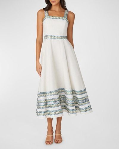 Shoshanna Christina Embroidered Cotton Sleeveless Midi Fit & Flare Dress - White