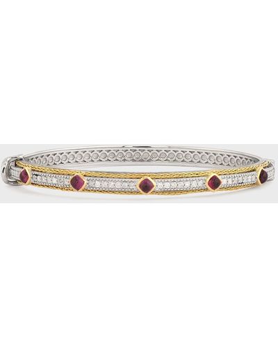 Jude Frances Mixed Metal Double Woven Rope Stone And Pave Diamond Bangle With Rhodolite Garnet - White