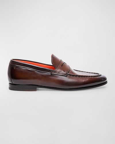 Santoni Door Burnished Leather Penny Loafers - Brown