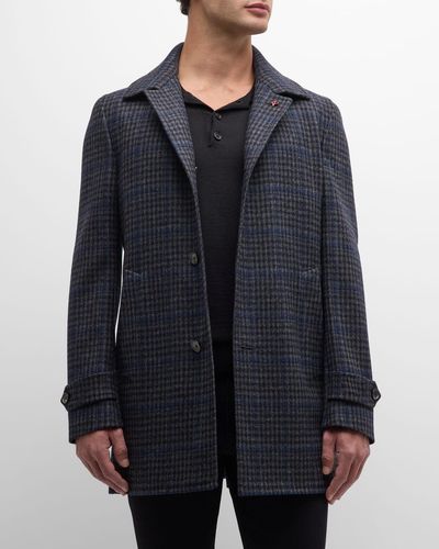 Isaia Check Wool Single-breasted Overcoat - Blue