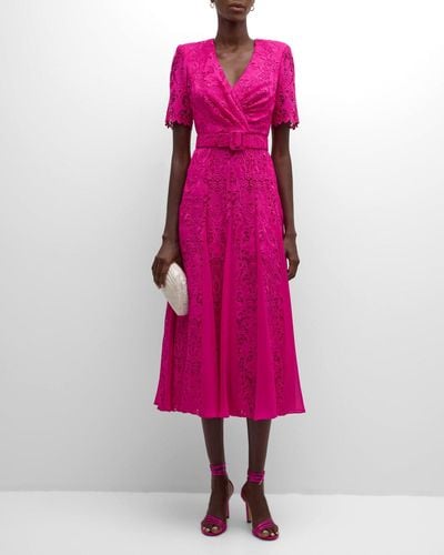 Badgley Mischka Belted Lace Godet Midi Dress - Pink