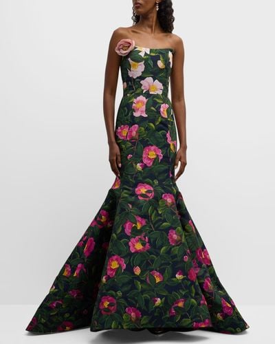 Oscar de la Renta Strapless Flower-Applique Camellia Faille Mermaid Gown - Green