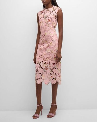 Monique Lhuillier Jewel-Neck Sleeveless Printed Lace Sheath Midi Dress - Pink