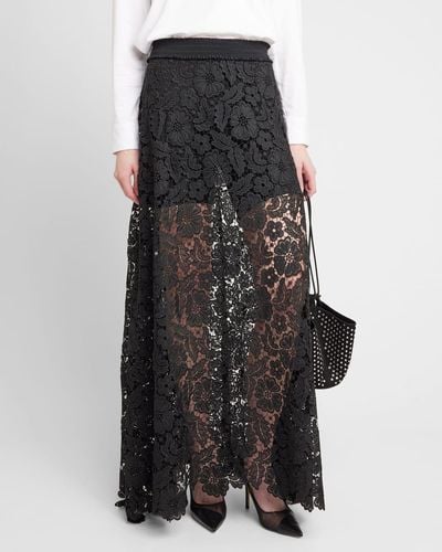 Anne Fontaine Cap Handkerchief Floral Lace Maxi Skirt - Black