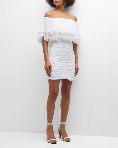 Emanuel Ungaro Milan Ruched Off-Shoulder Ruffle Mini Dress - White