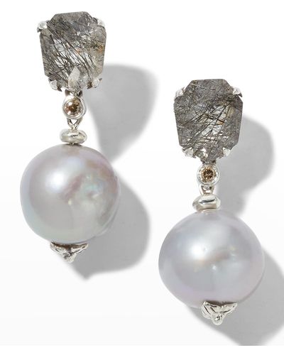 Stephen Dweck Hair Rutilated Quartz And Baroque Pearl Drop Earrings - Gray