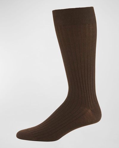 Neiman Marcus Ribbed Merino-silk Mid-calf Socks - Brown