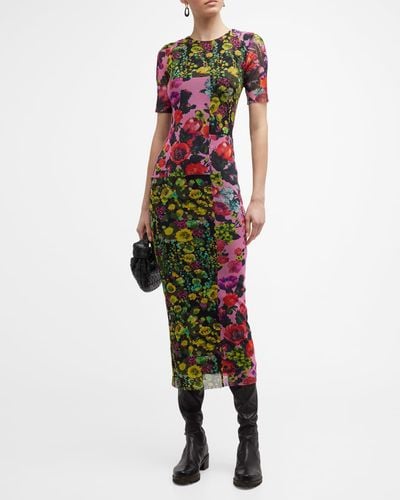 Fuzzi Short-sleeve Floral-print Tulle Midi Dress - Black