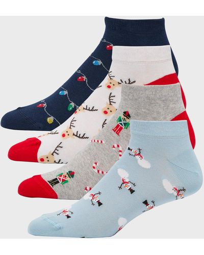 Neiman Marcus 4-Pack Holiday Ankle Socks - Blue