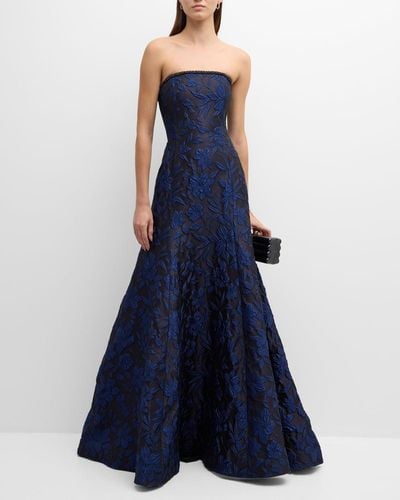 Naeem Khan Jacquard Gown With Embroidered Detail - Blue