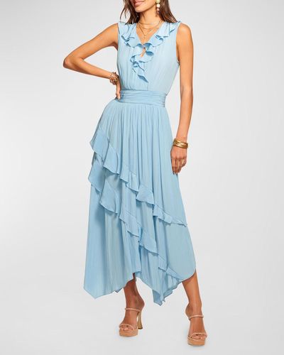 Ramy Brook Hadlee Ruffled Sleeveless High-Low Maxi Dress - Blue