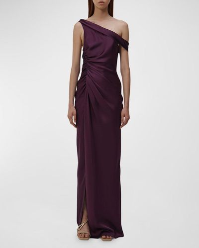 Jonathan Simkhai Sahar One-Shoulder Ruched Column Gown - Purple
