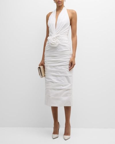 Carolina Herrera Halter Twisted Flower Ruched Midi Dress - White