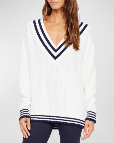 The Upside The Louie Organic Cotton Contrast Stripe V-Neck Sweater - White