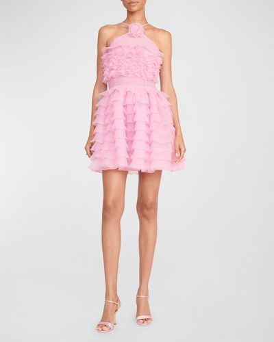 STAUD Florian Tiered Tulle Halter Mini Dress - Pink