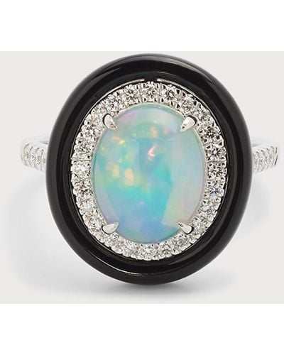 David Kord 18k White Gold Ring With Opal Oval, Diamonds And Black Frame, 2.16tcw, Size 7 - Gray