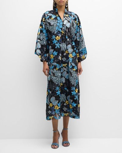 La Vie Style House Floral-Embroidered Sequin Caftan Midi Dress - Blue