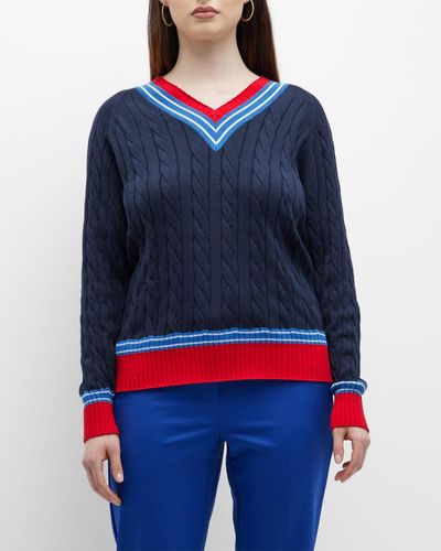 Minnie Rose Plus Striped-Trim Cable-Knit Sweater - Blue