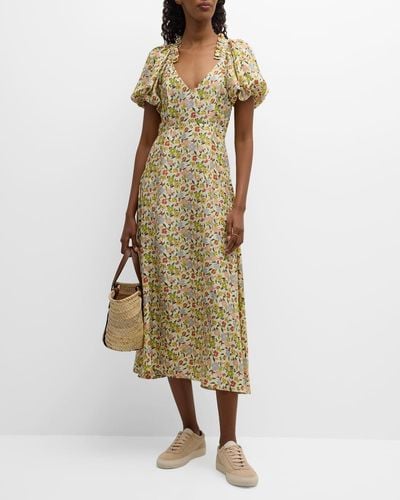 The Great The Hyacinth Floral Puff-sleeve Midi Dress - Green