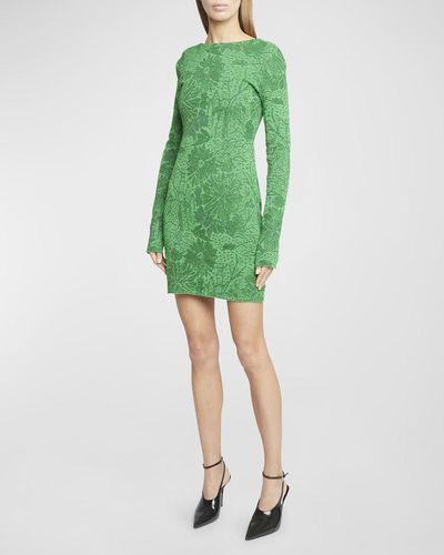 Givenchy Metallic Floral Long-Sleeve Open-Back Mini Dress - Green