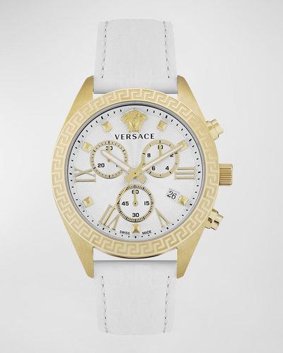 Versace 40Mm Greca Chrono Watch With Leather Strap - Metallic