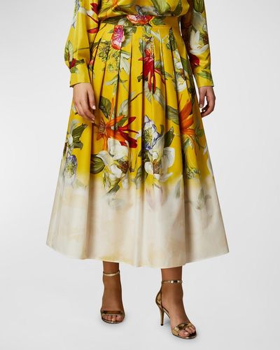 Marina Rinaldi Plus Size Abaco Floral Pleated Midi Skirt - Yellow