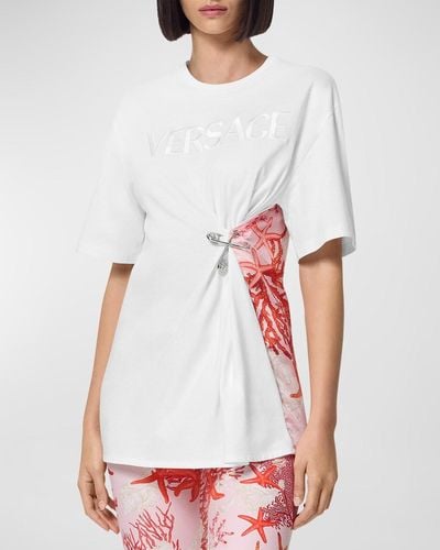 Versace Vacation-Print Logo-Embroidered Short-Sleeve Safety-Pin T-Shirt - White