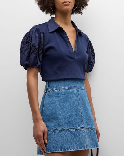 Tanya Taylor Tory Puff-Sleeve Embroidery Collared Poplin Top - Blue