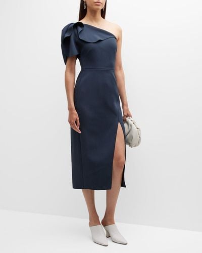 Acler Ruffle One-Shoulder Midi Dress - Blue