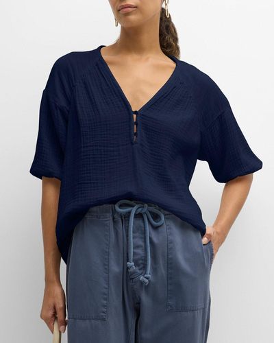 Xirena Felicity Blouson-Sleeve Cotton Gauze Top - Blue
