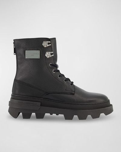 Karl Lagerfeld Tumbled Leather Lug Sole Work Boots - Black