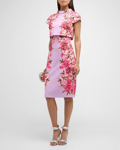 Badgley Mischka Floral-Print Funnel-Neck Bodycon Midi Dress - Pink