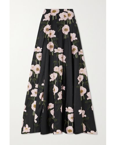 BERNADETTE Kennedy Pleated Embellished Floral-print Taffeta Maxi Skirt - Black