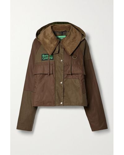 Barbour + Ganni Spey Hooded Corduroy-trimmed Panelled Organic Waxed-cotton Hooded Jacket - Green