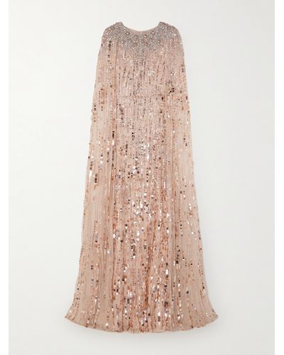 Jenny Packham Cape-effect Embellished Sequined Tulle Gown - Pink