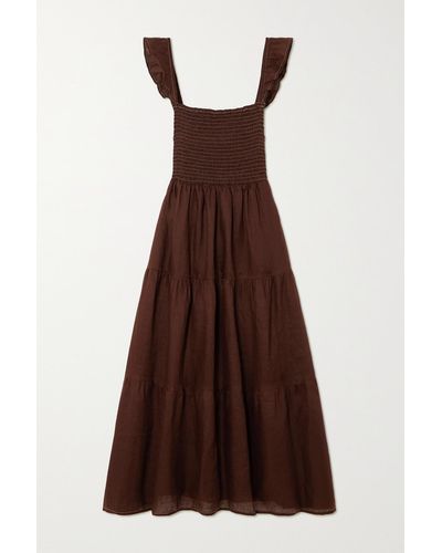 Faithfull The Brand + Net Sustain Benito Smocked Tiered Linen Midi Dress - Brown