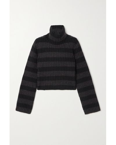 Theory Cropped Striped Ribbed Wool-blend Turtleneck Jumper - Black