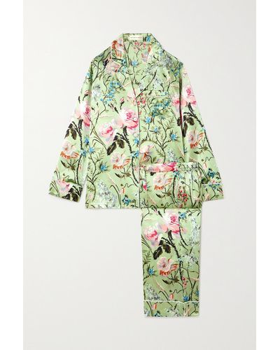 Olivia Von Halle Lila Pyjama Aus Seidensatin Mit Blumenprint - Grün