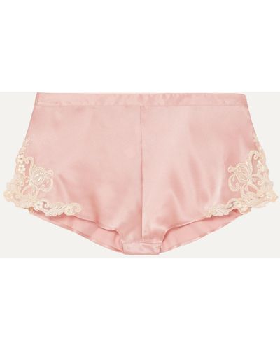 La Perla Maison Embroidered Lace-trimmed Silk-blend Satin Shorts - Pink