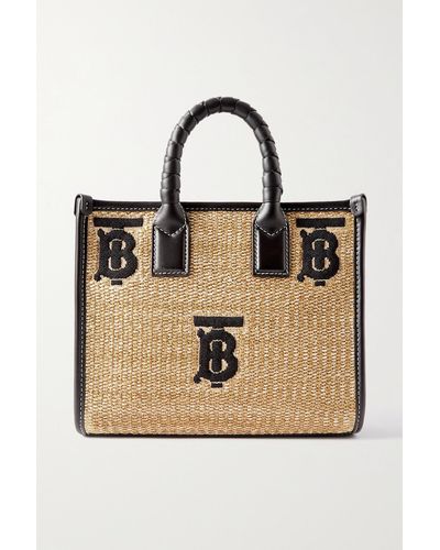 Burberry Freya Leather-trimmed Embroidered Raffia Tote - Natural