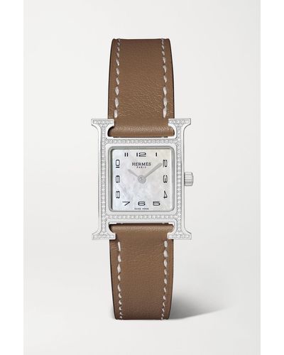 Hermès Heure H 25 Mm Kleine Uhr Aus Edelstahl Mit Diamanten, Perlmutt Und Lederarmband - Mettallic