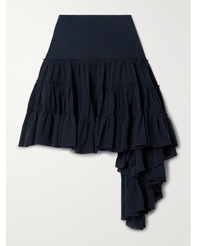 Loewe Ribbed Jersey-trimmed Ruffled Silk-crepe Mini Skirt - Blue