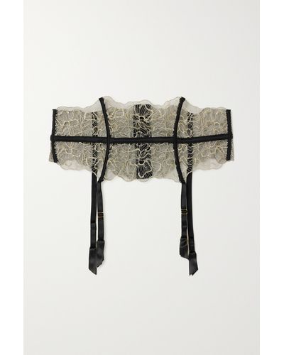 Coco De Mer Damona Satin-trimmed Metallic Leavers Lace Suspender Belt - Multicolour